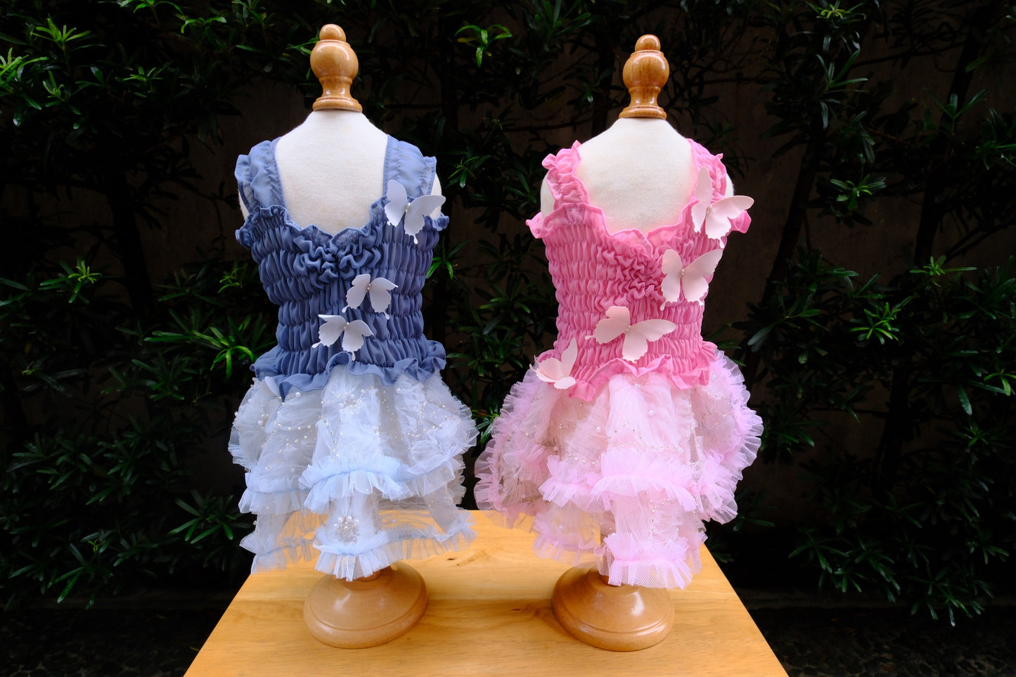 Karol Smocked Chiffon Beaded Dress (Dusty Blue)