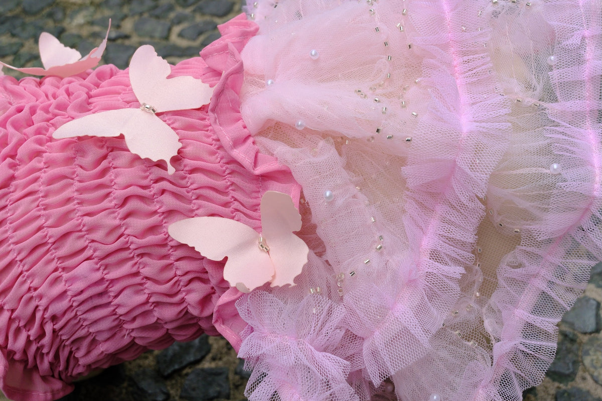 Karol Smocked Chiffon Beaded Dress (Old Rose)