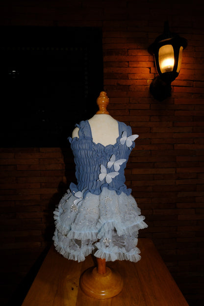 Karol Smocked Chiffon Beaded Dress (Dusty Blue)